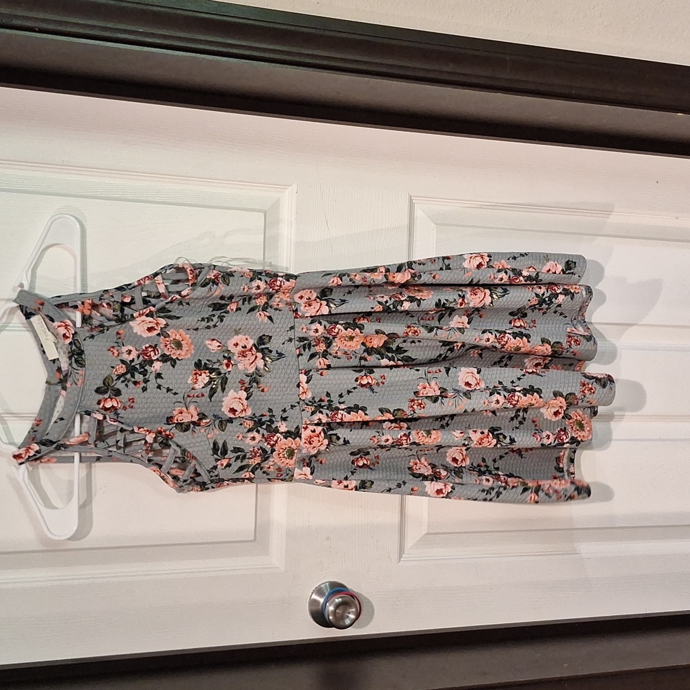 A Grey dress with green vines and pink flowers worn 3 times xsmall from rewind!!